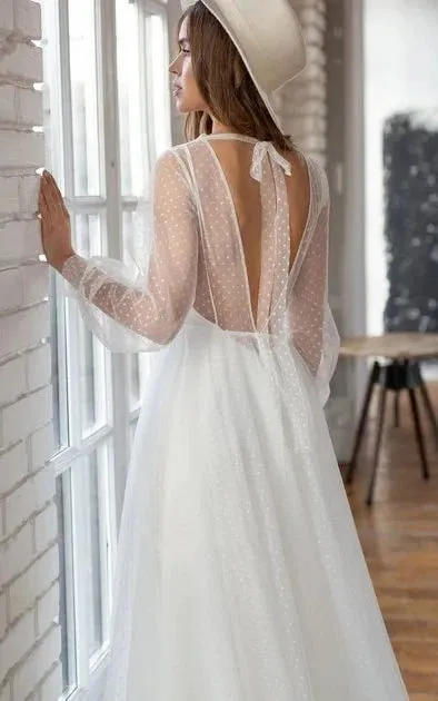 Elegant A Line Chiffon Bateau Long Sleeve Wedding Dress with Beading sold by KissProm product image thumbnail 4