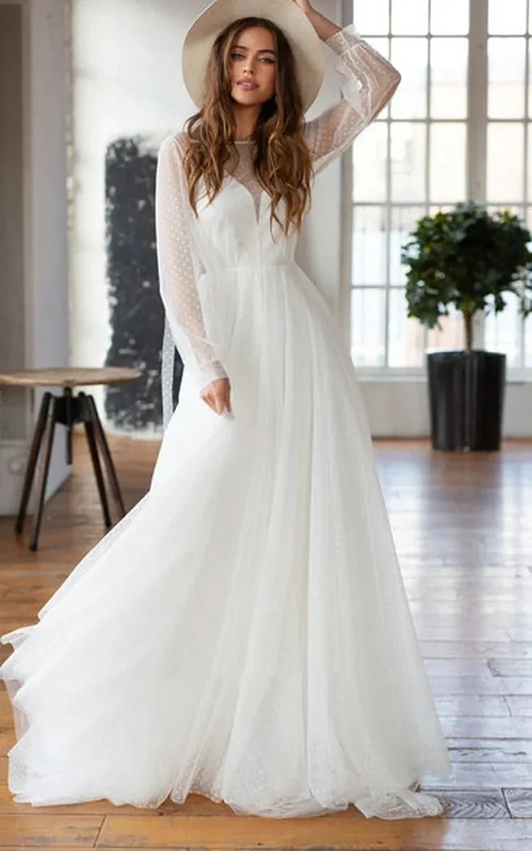 Elegant A Line Chiffon Bateau Long Sleeve Wedding Dress with Beading sold by KissProm