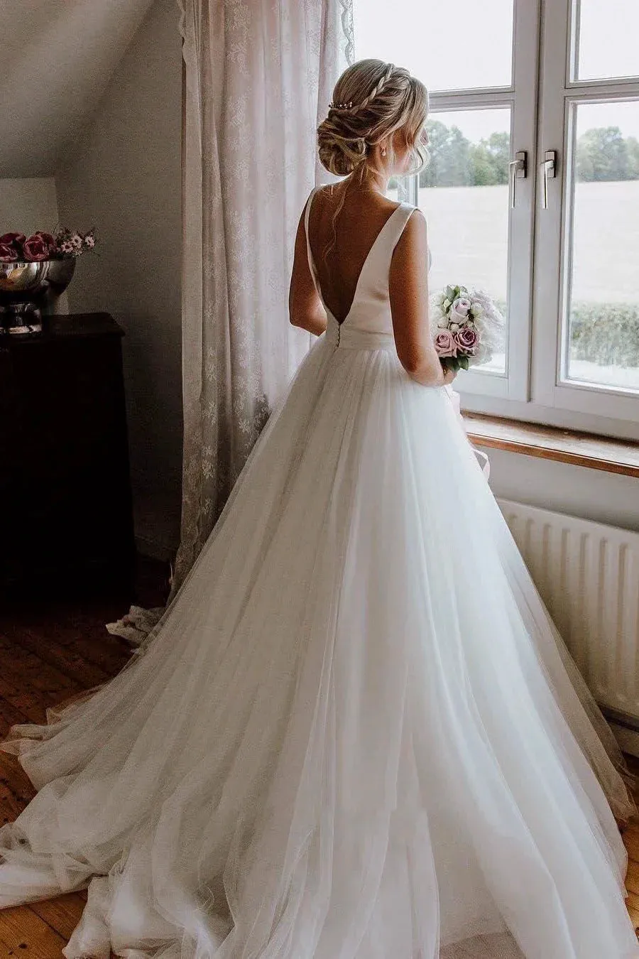 Sleeveless Deep V-back Ethereal Ballgown With Bow And Tulle Wedding Dress sold by KissProm product image thumbnail 2
