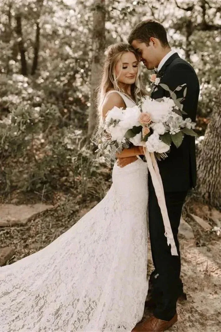 Simple Lace Sleeveless Deep-V Back Bridal Gown with Sweep Train sold by KissProm product image thumbnail 2