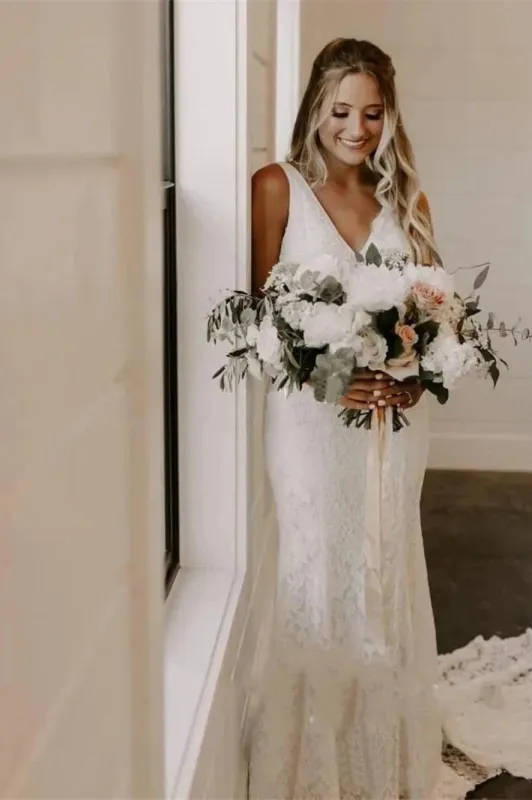 Simple Lace Sleeveless Deep-V Back Bridal Gown with Sweep Train made by KissProm
