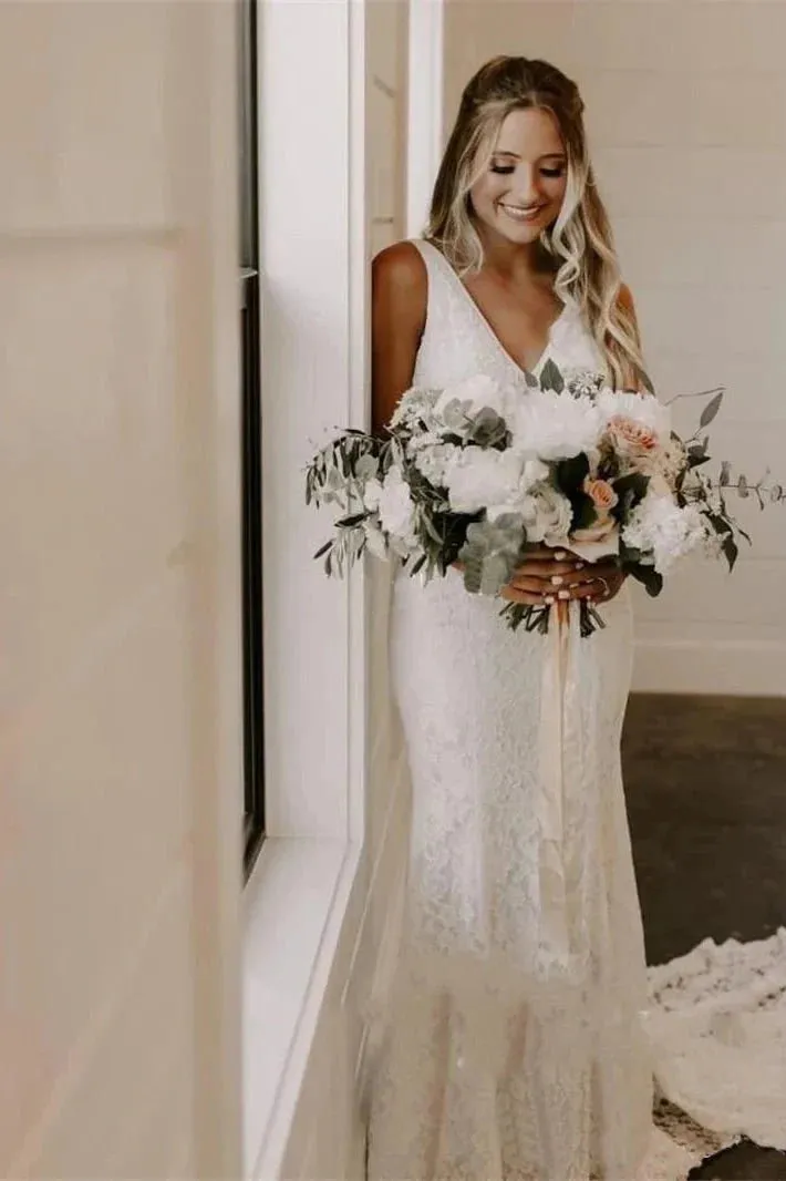 Simple Lace Sleeveless Deep-V Back Bridal Gown with Sweep Train sold by KissProm