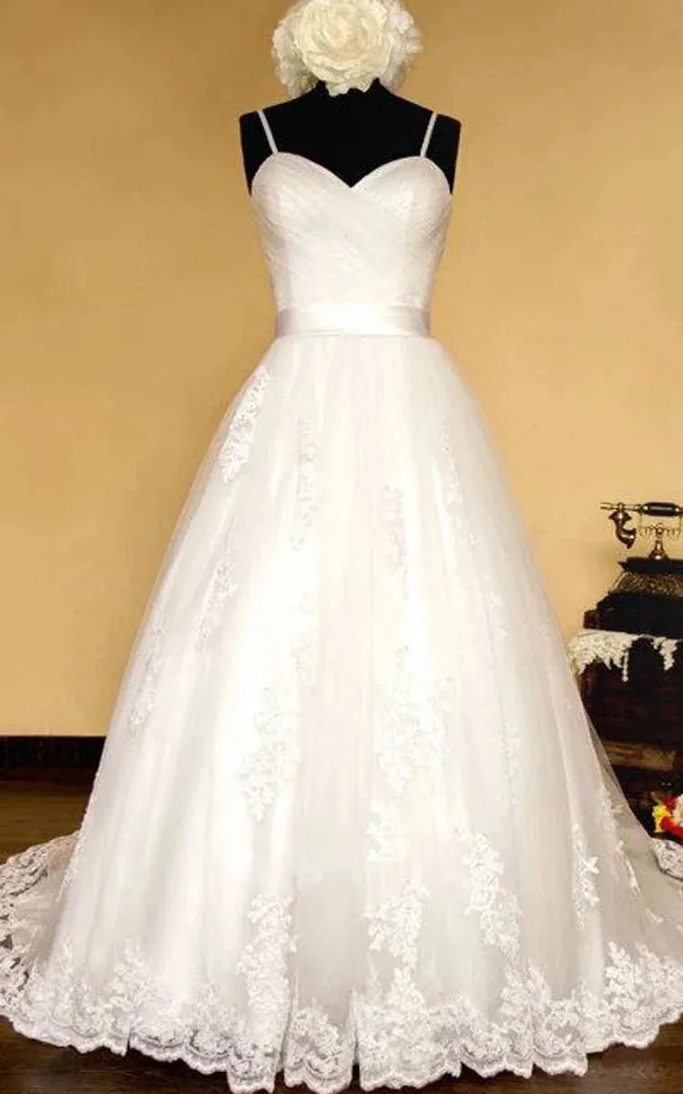 Spaghetti Crisscross Organza Wedding Dress With Sash And Lace-Up Back sold by KissProm