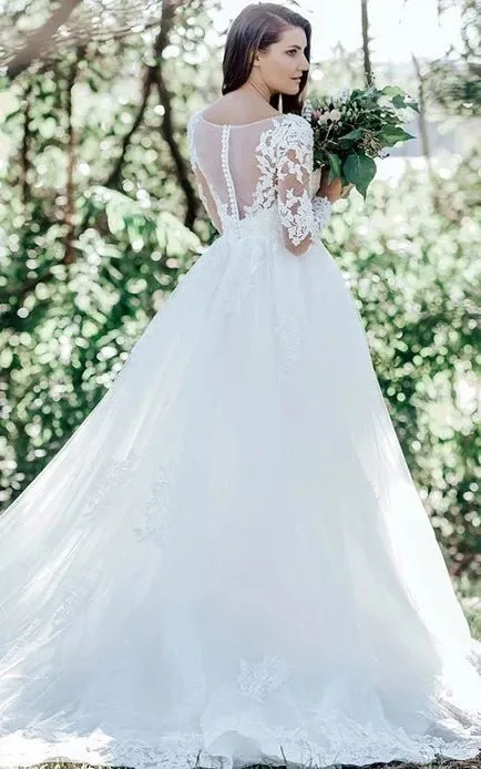 Vintage Lace Tulle Bateau Ball Gown Court Train Wedding Dress with Appliques sold by KissProm product image thumbnail 2