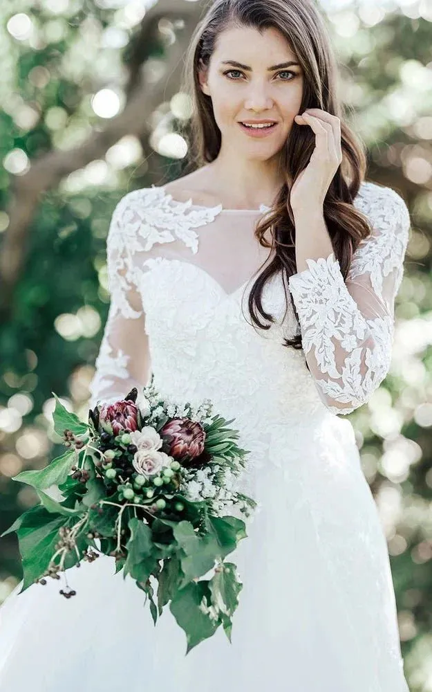 Vintage Lace Tulle Bateau Ball Gown Court Train Wedding Dress with Appliques sold by KissProm product image thumbnail 3