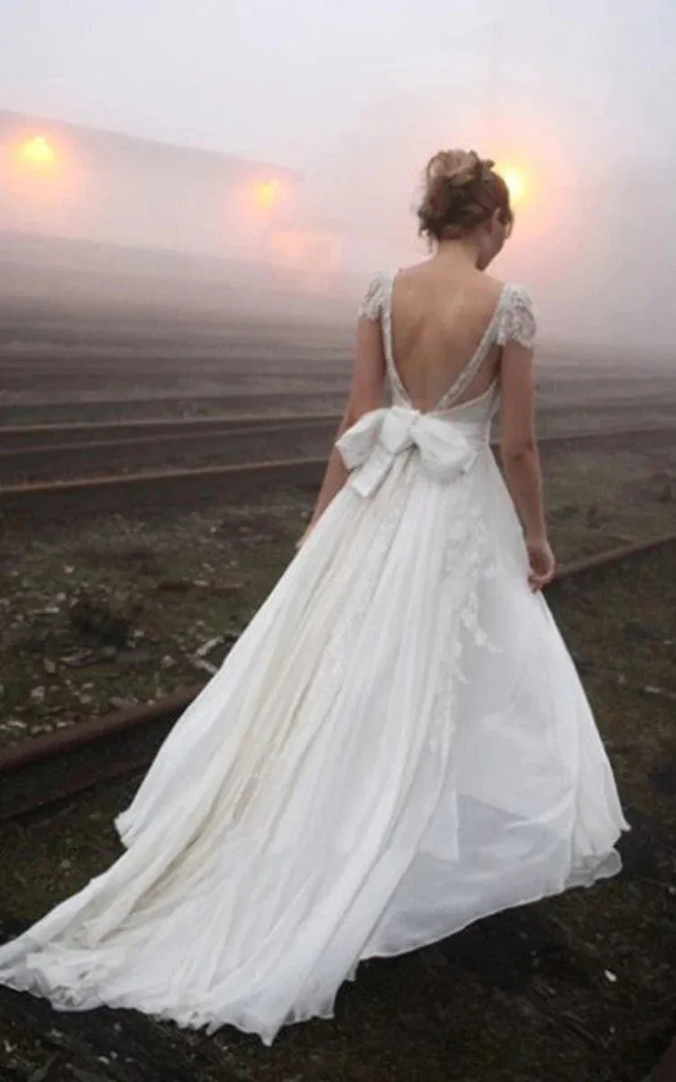 A-line Princess V-neck Floor-length Cap Sleeve Lace Chiffon Wedding Dresses sold by KissProm product image thumbnail 2