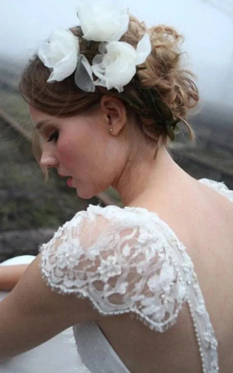 A-line Princess V-neck Floor-length Cap Sleeve Lace Chiffon Wedding Dresses sold by KissProm product image thumbnail 3