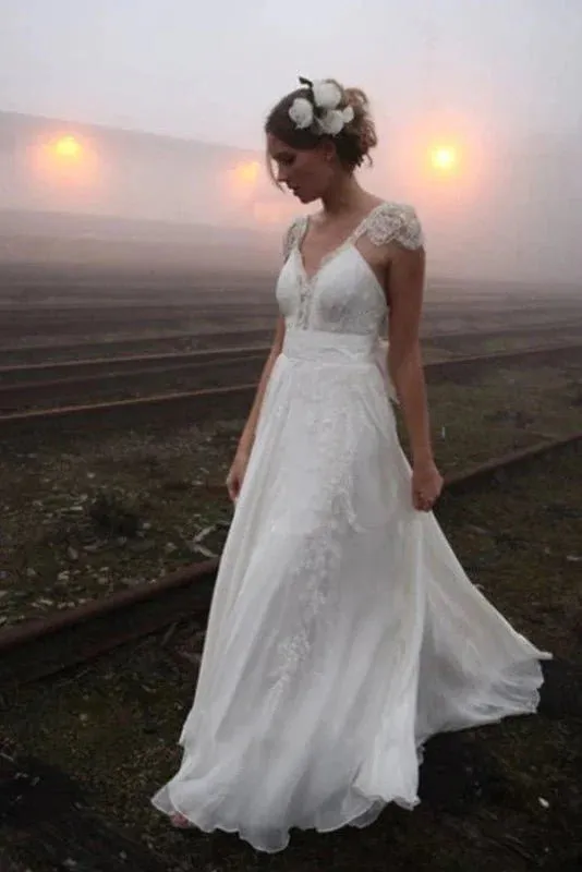 A-line Princess V-neck Floor-length Cap Sleeve Lace Chiffon Wedding Dresses sold by KissProm