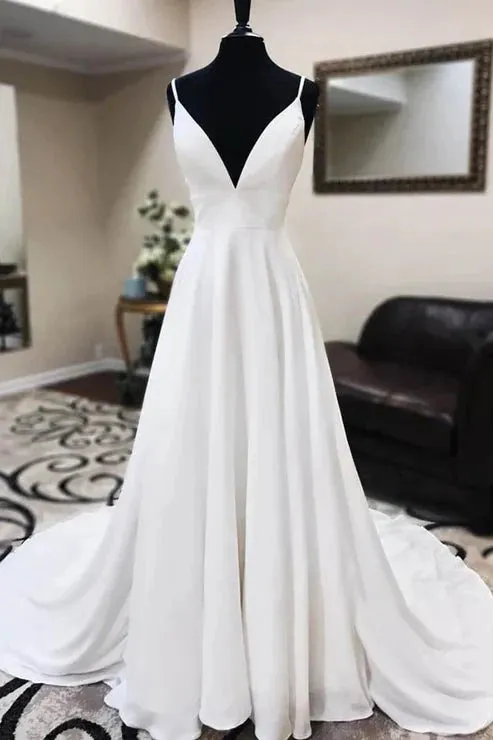A-line Spaghetti Straps Lace Appliques Simple Wedding Dress sold by KissProm
