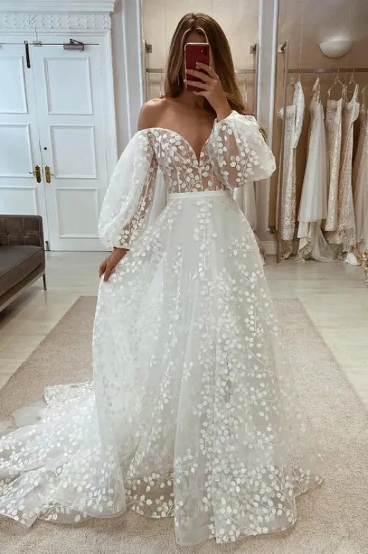 Plunging V-Neck Allover Lace Bohemian Wedding Dress with Sleeves made by KissProm