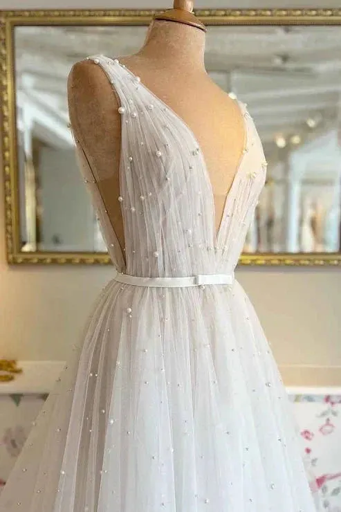 A Line Sexy V neck Pearls Elegant Wedding Dress sold by KissProm product image thumbnail 3