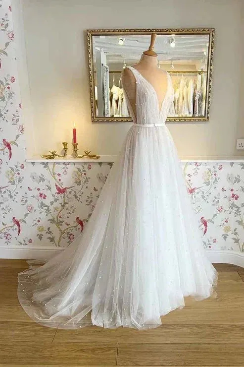 A Line Sexy V neck Pearls Elegant Wedding Dress sold by KissProm