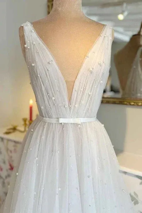 A Line Sexy V neck Pearls Elegant Wedding Dress sold by KissProm product image thumbnail 2