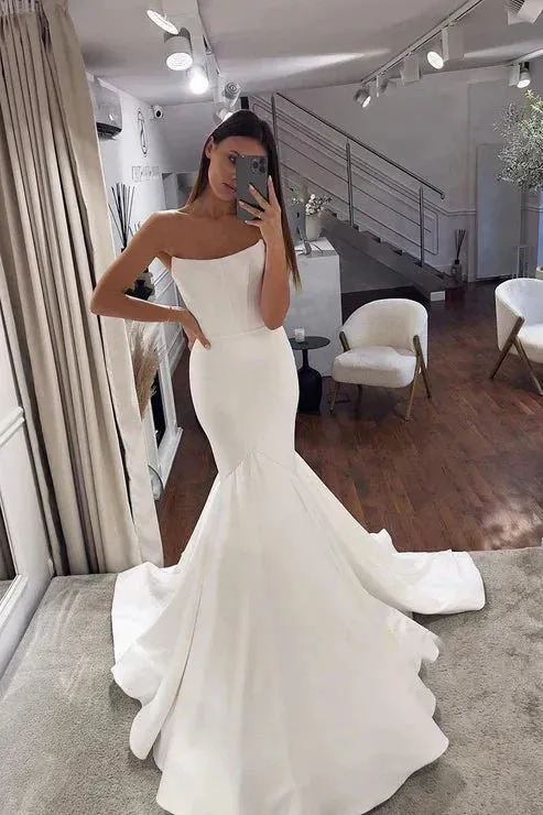 Simple Mermaid Strapless Satin Wedding Dress Bridal Gowns sold by KissProm