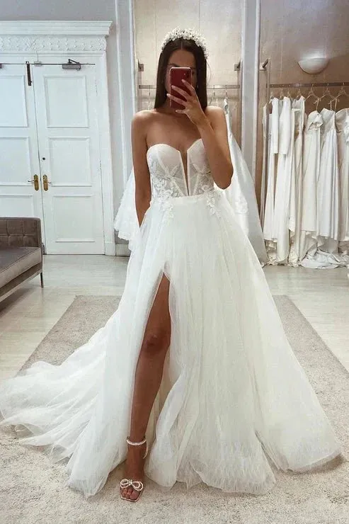 Tulle A-Line Sweetheart Detachable Long Sleeve Lace Applique With Side Slit Wedding Dress sold by KissProm product image thumbnail 2