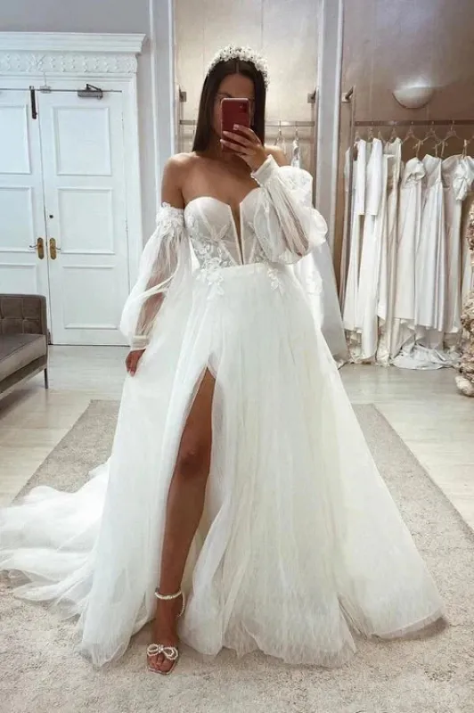 Tulle A-Line Sweetheart Detachable Long Sleeve Lace Applique With Side Slit Wedding Dress made by KissProm