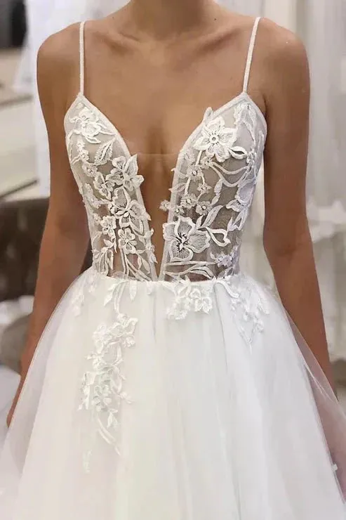 A-Line Spaghetti Straps Tulle Appliques Rustic Wedding Dress sold by KissProm product image thumbnail 3