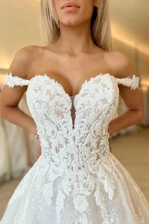 Off the Shoulder Romantic Lace Wedding Dress Bridal Gown sold by KissProm product image thumbnail 2
