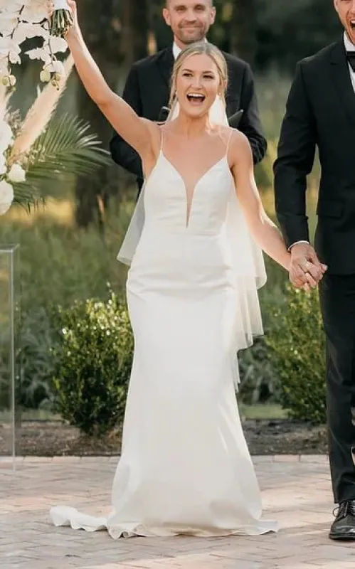 Sexy Plunging Neckline Mermaid Satin Wedding Dress With Sweep Train made by KissProm