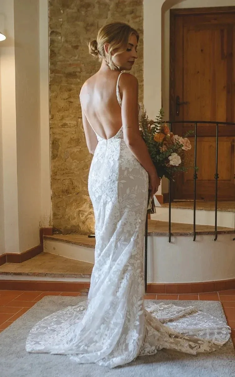 Bohemian Full Body Lace Mermaid Sexy Hip Wrap Wedding Dress Spaghetti Straps with Backless sold by KissProm product image thumbnail 3