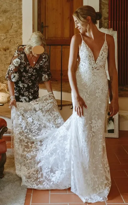 Bohemian Full Body Lace Mermaid Sexy Hip Wrap Wedding Dress Spaghetti Straps with Backless made by KissProm