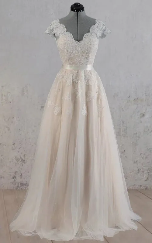 Cap Sleeve V-Neck Lace Wedding Dress With Tulle Skirt and V-Back made by KissProm