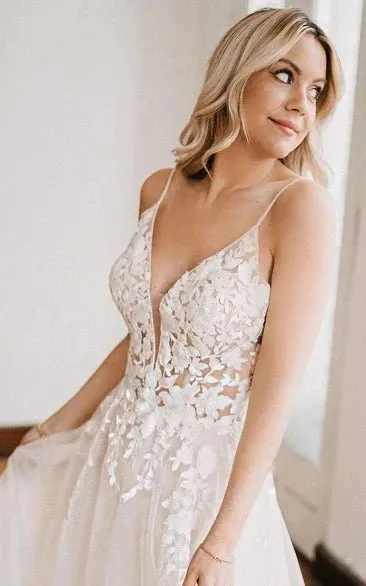 Bohemian A Line Floor-length Lace Tulle Spaghetti V-neck Sleeveless Wedding Dress sold by KissProm product image thumbnail 3