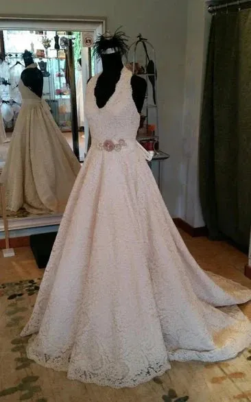 Elegant Sleeveless Pleated Lace Halter A-Line Wedding Dress sold by KissProm