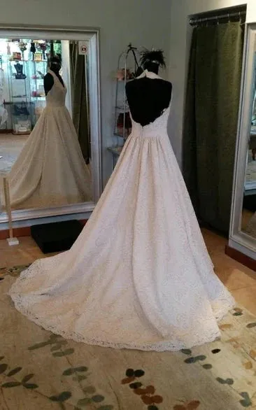 Elegant Sleeveless Pleated Lace Halter A-Line Wedding Dress sold by KissProm product image thumbnail 2