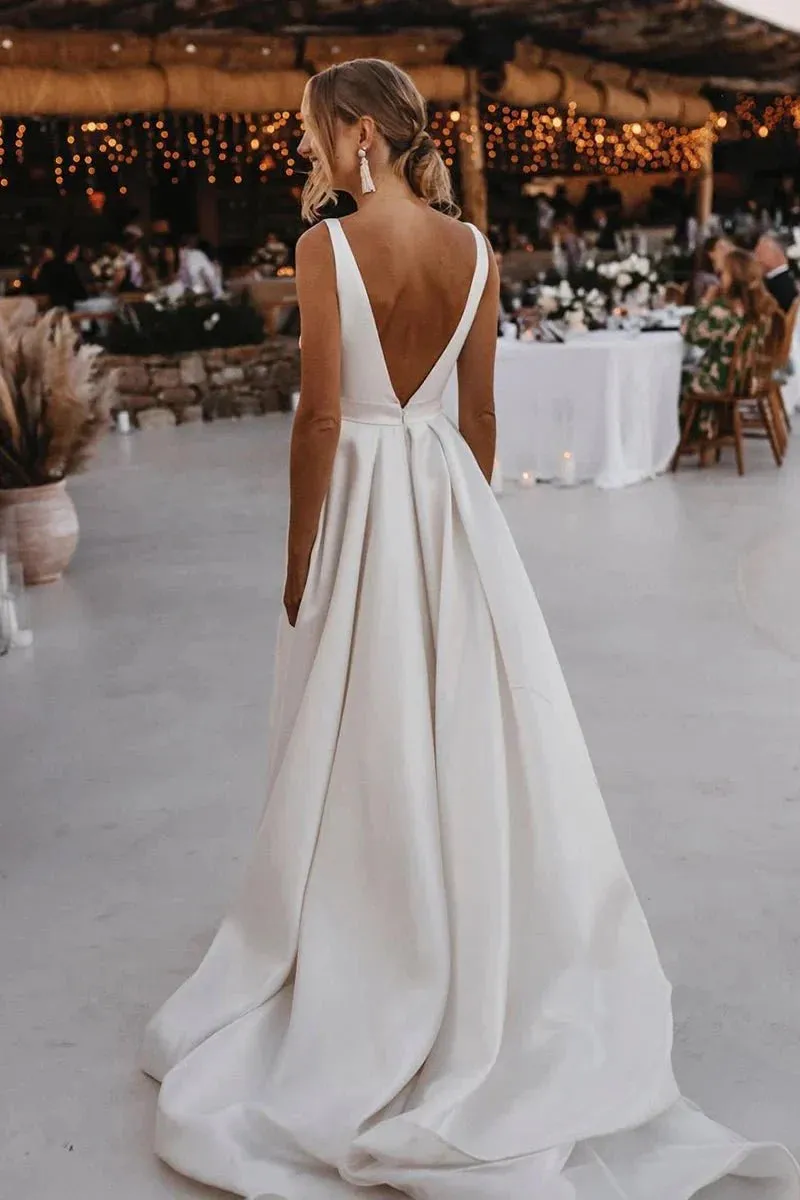 Attractive Deep V-Neck White Satin Bohemian Wedding Dress sold by KissProm product image thumbnail 5