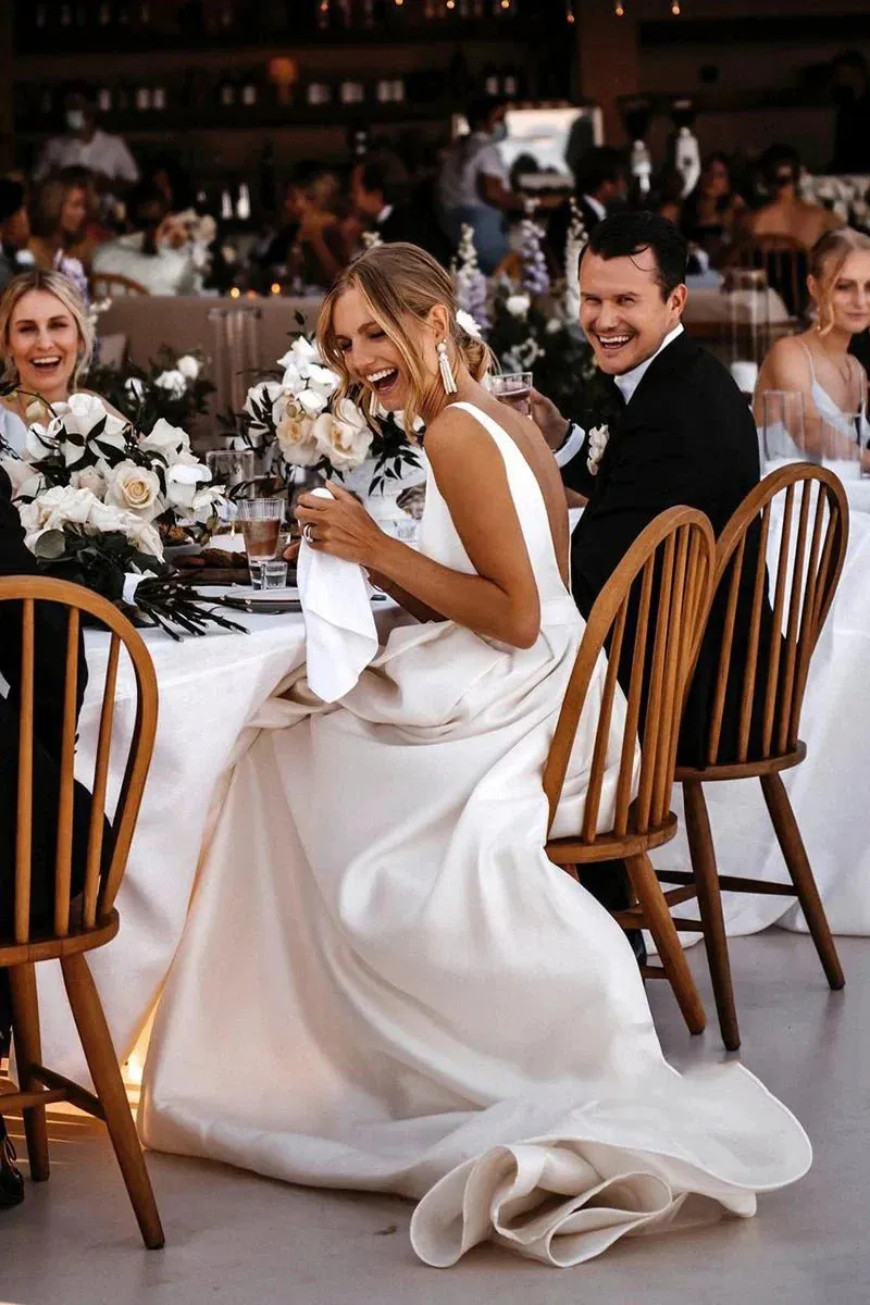Attractive Deep V-Neck White Satin Bohemian Wedding Dress sold by KissProm product image thumbnail 2