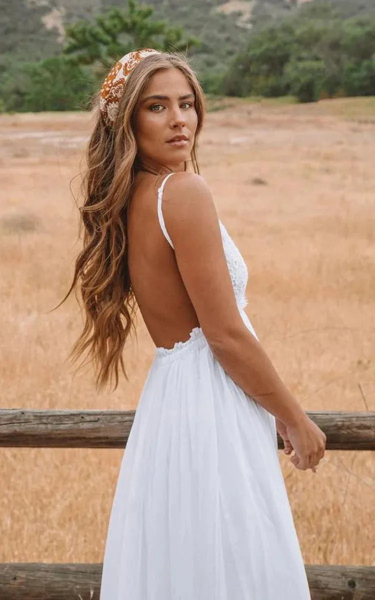 A Line Spaghetti Chiffon Lace Floor-length Sleeveless Wedding Dress sold by KissProm product image thumbnail 2