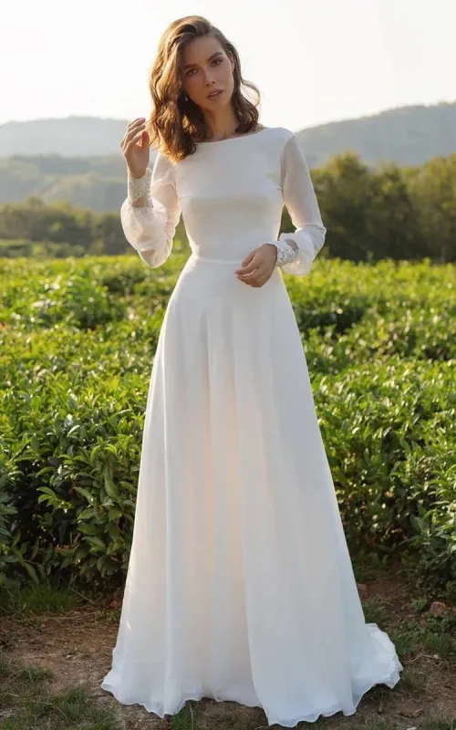 Modest A-Line Long Sleeve Floor Length Train Simple Casual Chiffon Bateau V-Back Wedding Dress made by KissProm