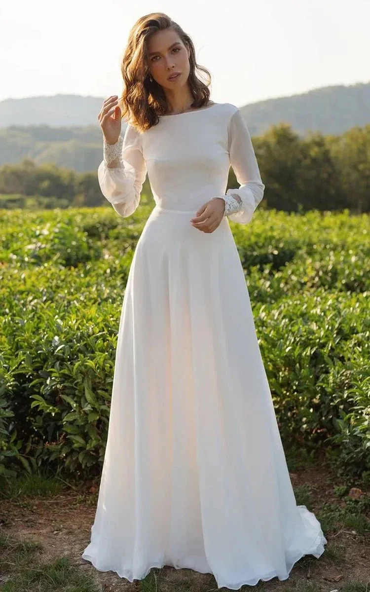 Modest A-Line Long Sleeve Floor Length Train Simple Casual Chiffon Bateau V-Back Wedding Dress sold by KissProm
