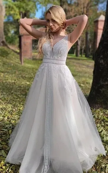 Romantic Sleeveless A-Line Lace Wedding Dress With V-neck And Low-V Back sold by KissProm product image thumbnail 3