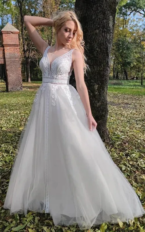 Romantic Sleeveless A-Line Lace Wedding Dress With V-neck And Low-V Back made by KissProm