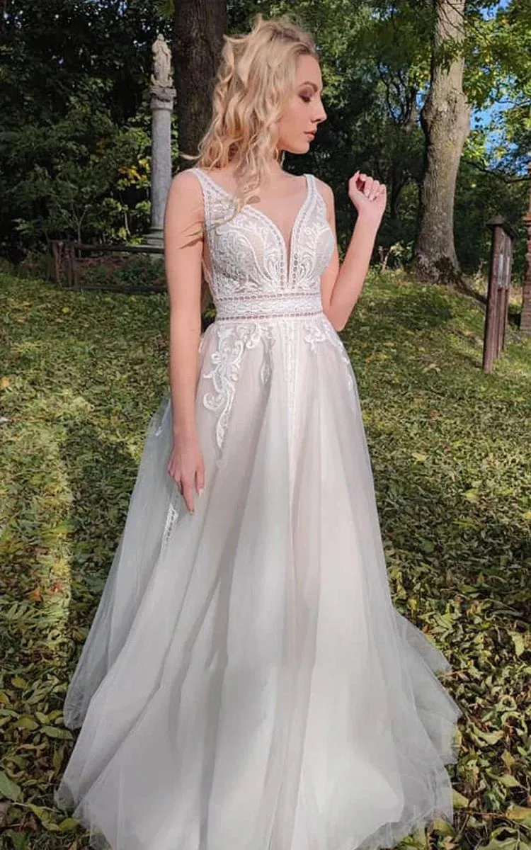 Romantic Sleeveless A-Line Lace Wedding Dress With V-neck And Low-V Back sold by KissProm product image thumbnail 2