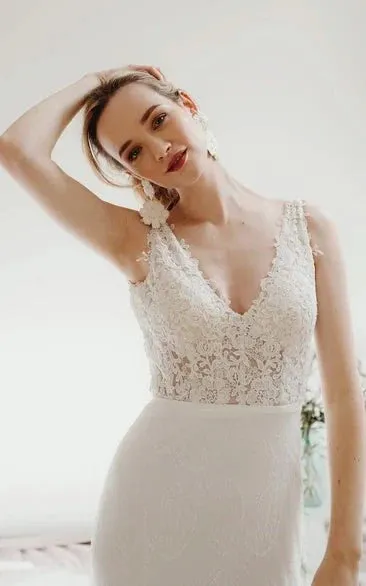 Lace Sleeveless Elegant Mermaid Plunging V-neck Bridal Gown With Deep V-back And Buttons sold by KissProm product image thumbnail 5