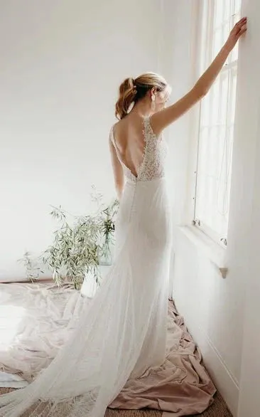 Lace Sleeveless Elegant Mermaid Plunging V-neck Bridal Gown With Deep V-back And Buttons sold by KissProm product image thumbnail 2