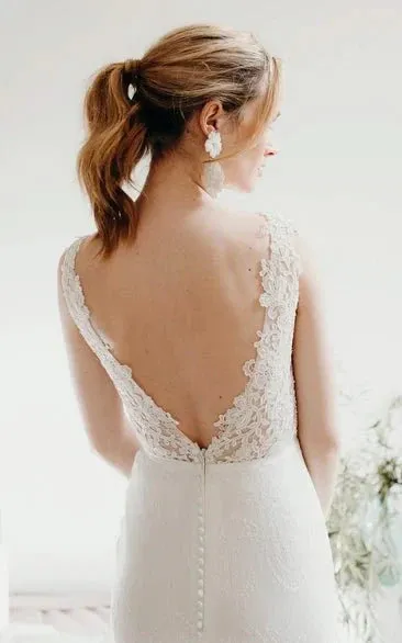 Lace Sleeveless Elegant Mermaid Plunging V-neck Bridal Gown With Deep V-back And Buttons sold by KissProm product image thumbnail 3
