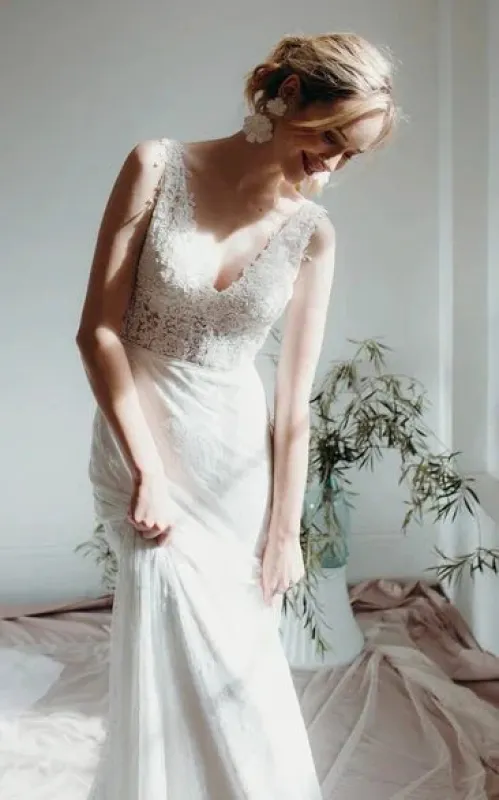 Lace Sleeveless Elegant Mermaid Plunging V-neck Bridal Gown With Deep V-back And Buttons made by KissProm