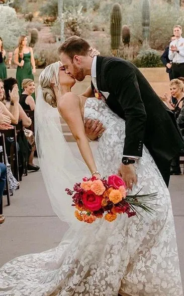 Bohemian A-Line Sweetheart Garden Lace Wedding Dress With Open Back And Appliques sold by KissProm product image thumbnail 2