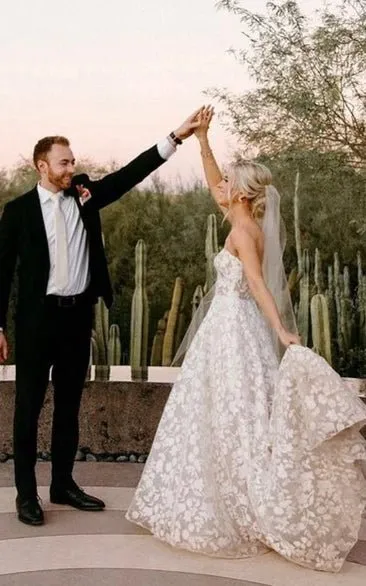 Bohemian A-Line Sweetheart Garden Lace Wedding Dress With Open Back And Appliques sold by KissProm product image thumbnail 3