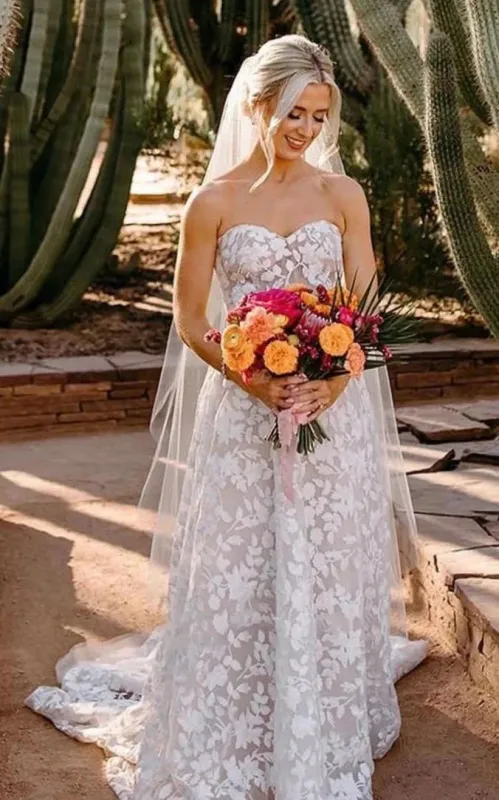 Bohemian A-Line Sweetheart Garden Lace Wedding Dress With Open Back And Appliques made by KissProm