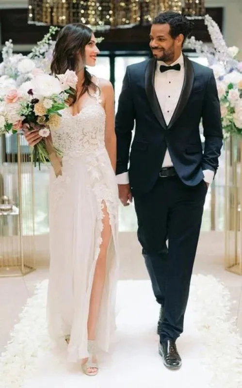 Spaghetti A-Line Lace Bohemian Wedding Dress With Open Back And Split Front made by KissProm