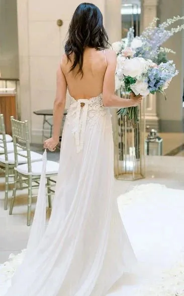 Spaghetti A-Line Lace Bohemian Wedding Dress With Open Back And Split Front sold by KissProm product image thumbnail 2
