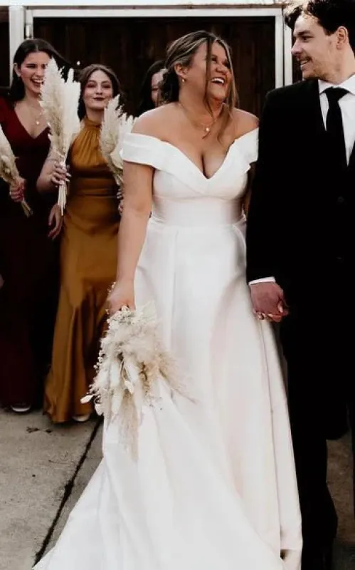 Romantic Off-the-shoulder A-Line Satin Wedding Dress With Button Back made by KissProm