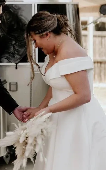Romantic Off-the-shoulder A-Line Satin Wedding Dress With Button Back sold by KissProm product image thumbnail 3