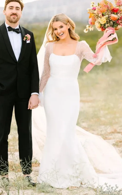 Mermaid Satin Simple Wedding Dress With Square Neckline And Long Sleeve made by KissProm