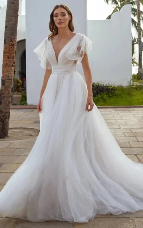 Casual Beach A-Line Tulle Wedding Dress With V-neck And Low-V Back made by KissProm